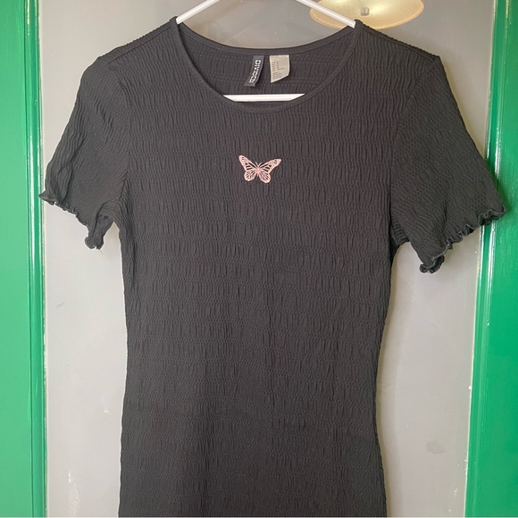 SOLD Black Mini Dress with Pink Butterfly Embroidery by H&M - Picture 1 of 6